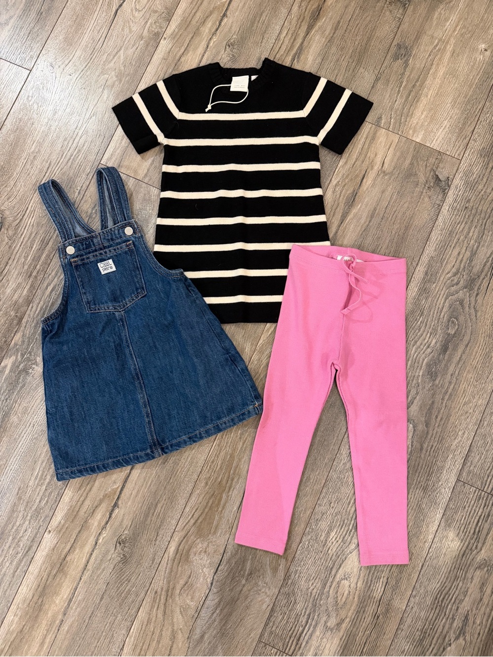 Zara Pink Knit Leggings with Denim Overall Dress & Black-White Striped Top